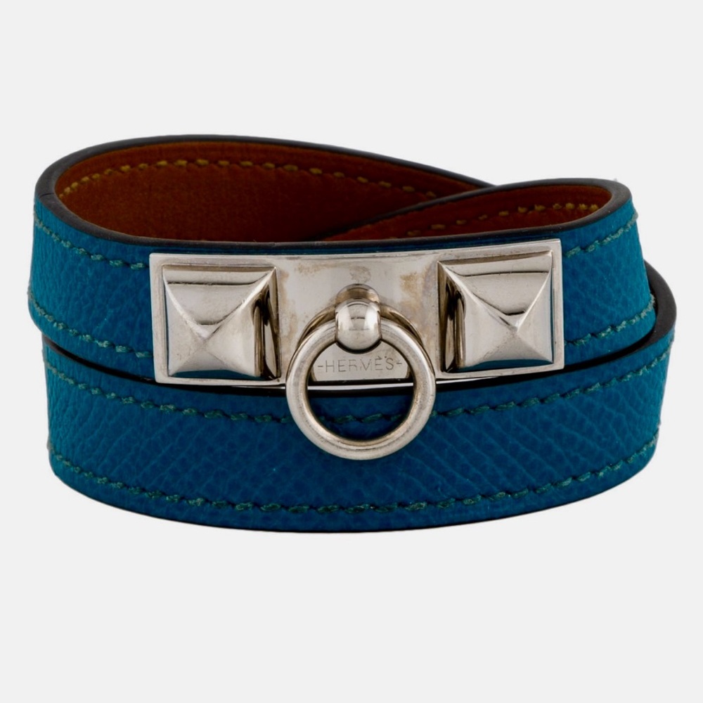 Hermes Blue Rivale DBL.Tour Leather Bracelet w/Palladium Plated Riveted Accents